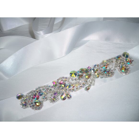 White AB Rhinestone Crystal Appliqued Bridal Wedding Prom Party Formal Sash Belt - Picture 1 of 5